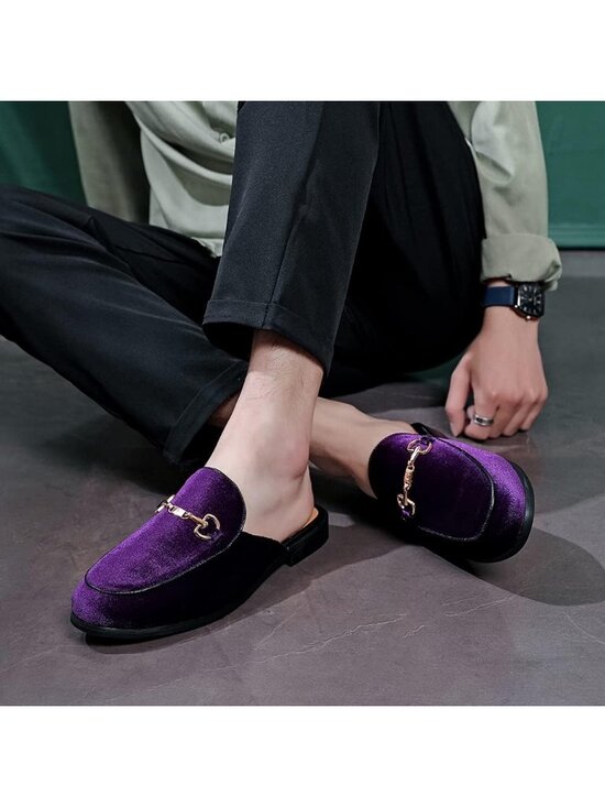 Men\'s Purple Rubber Sole Velvet Leather Gold Buckle Slip On Penny Loafer Slipper main image 5